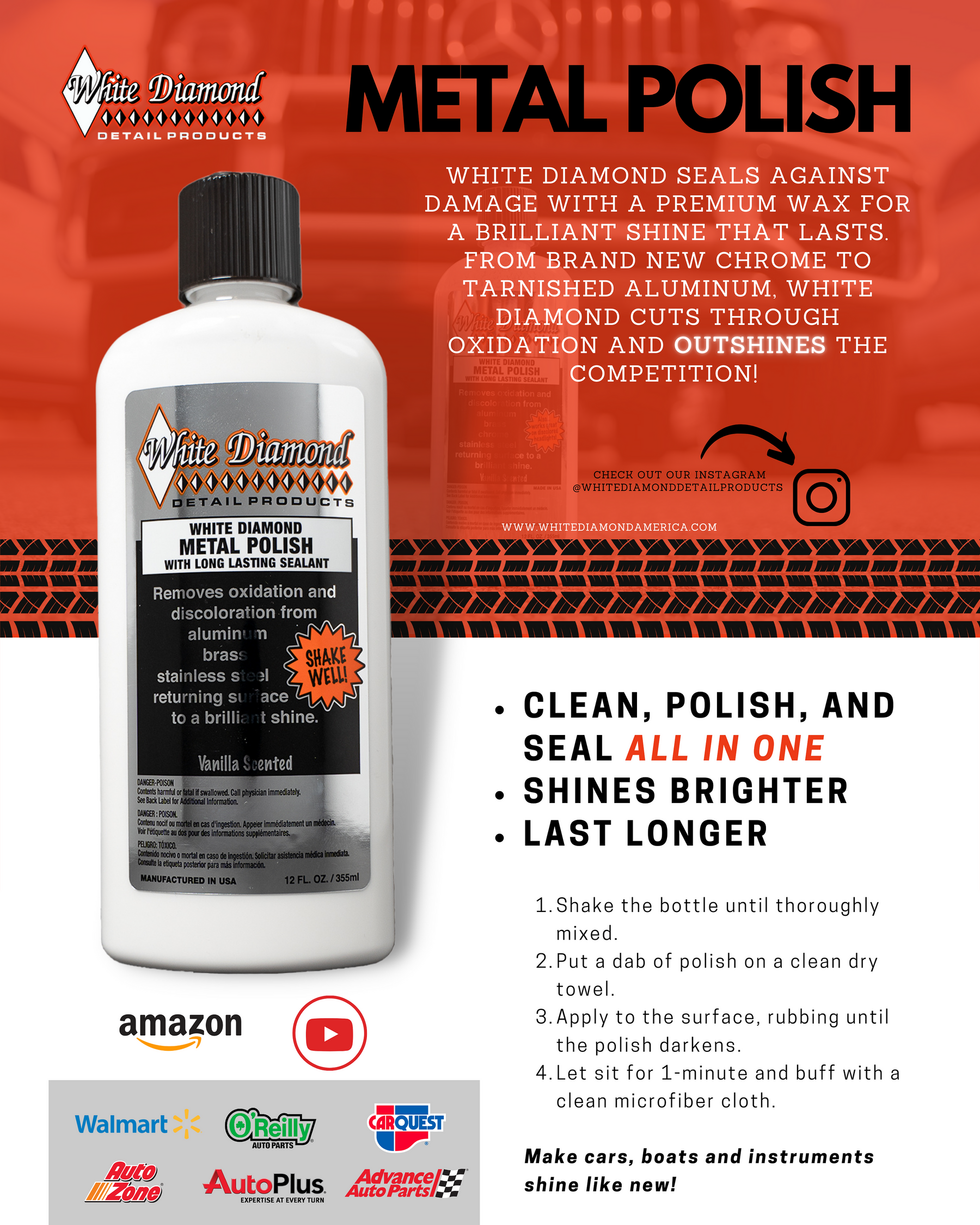 White Diamond Metal Polish with Long Lasting Sealant, Wipe (12 Wipes) is a  Cleaner and Polisher All in one. Removes Oxidation and Discoloration from